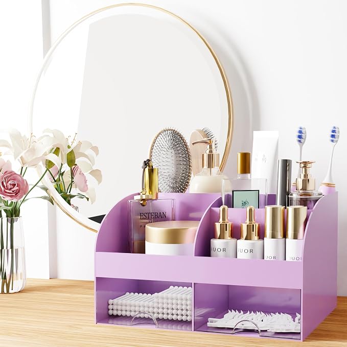 Makeup Organizer with Drawers, Cosmetic Storage for Dresser Vanity and Bathroom Countertop, Beauty Holder for Lipstick Brush, Skincare Organizer for Vanity, Cosmetic Display Case (Purple) - Image 3