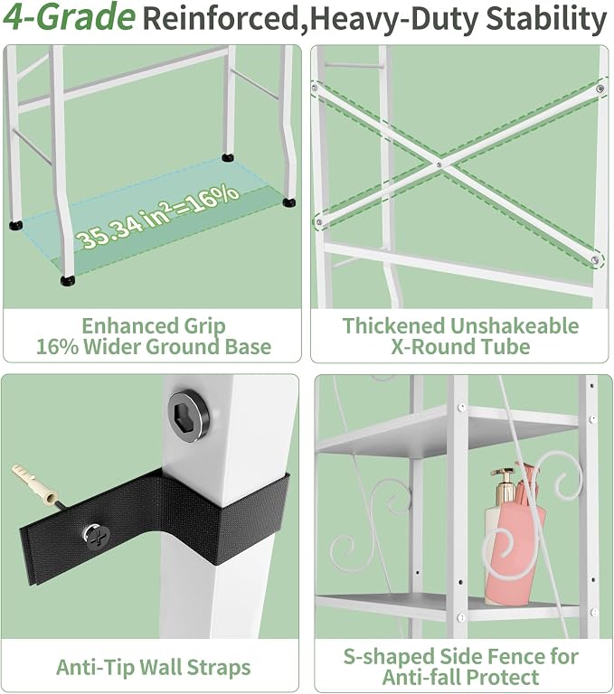 Over-The-Toilet Storage Rack 4-Tier,Bathroom Organizer Shelf Over Toilet,Adjustable Wooden Shelves and Basket,Freestanding Above Toilet Shelve,Space Saver for Rooms(White Rack-White Shelves) - Image 4