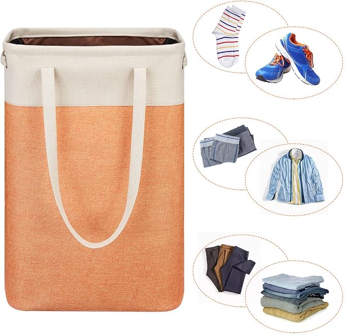 Laundry Basket with Handles Beige&Orange Slim Laundry Bin Collapsible Dirty Clothes Basket Narrow Laundry Bag Foldable Dirty Hamper for Camping, Dorms, Apartments - Image 3