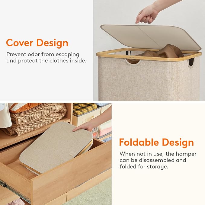 Lifewit 150L Large Laundry Basket with Lid, 2 Removable Bags, Beige - Image 7