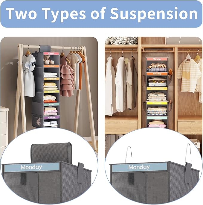 Weekly Kids Clothes Organizer 6-Shelf Hanging Closet Storage Dark Grey | Nonwoven Fabric, 6 Daily Shelves, 6 Mesh Side Pockets, 2 Metal Hooks, Foldable Design, for Kids Outfits and Accessories - Image 4