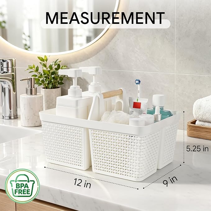 UUJOLY Portable Plastic Shower Caddy Basket with Wooden Handle, White - Image 6