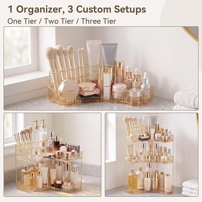 3-Tier Corner Bathroom Counter Organizer with Makeup Brush Holder, Gold - Image 7