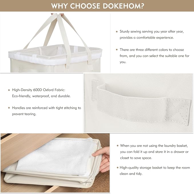 DOKEHOM 90L X-Large Rolling Laundry Basket Hamper on Wheels, Beige - Image 4