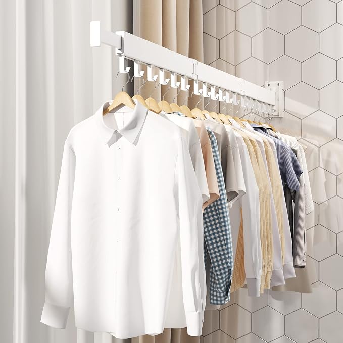 Clothes Drying Rack,Laundry Drying rack,Wall Mounted Clothes Rack,Clothes Hanging Rack,Laundry Rack Wall Mount,Folding Retractable Collapsible Drying Rack Clothing (Three-Poles,J Hooks,White) - Image 6