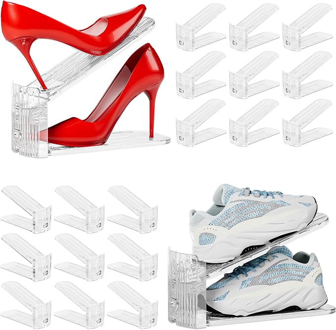 Neprock Shoe Stacker, Shoe Slot Organizer for Closet, Shoe Storage Rack | 20 Pack, Clear, 50% Space Saver, 3 Adjustable Height, Tool-Free Assembly, 30% Thicker, Superior Load Bearing by Neprock