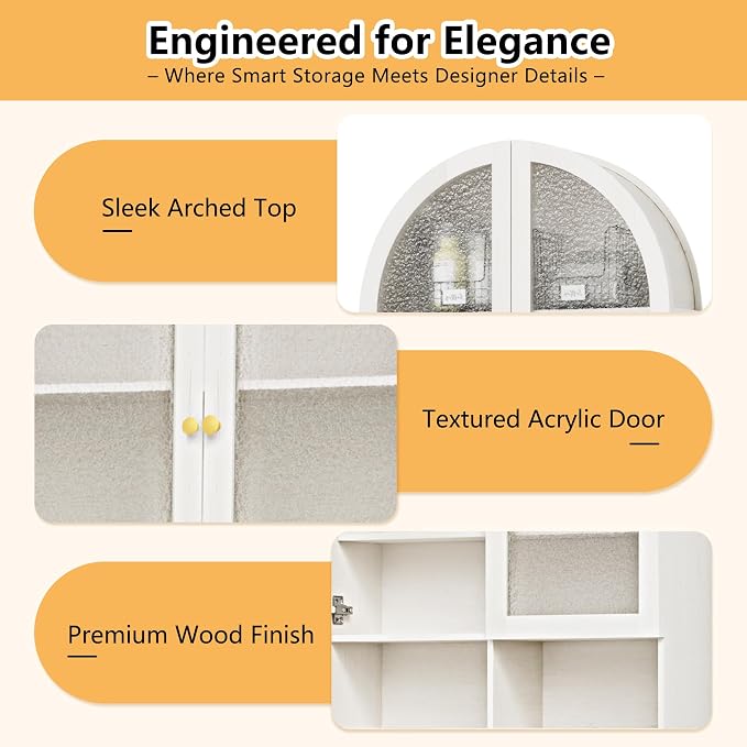 Over The Toilet Storage Cabinet, 29.7”W Modern Storage Cabinet Over Toilet with Acrylic Doors, Arched Freestanding Over Toilet Rack with Adjustable Shelf for Bathroom, White - Image 7