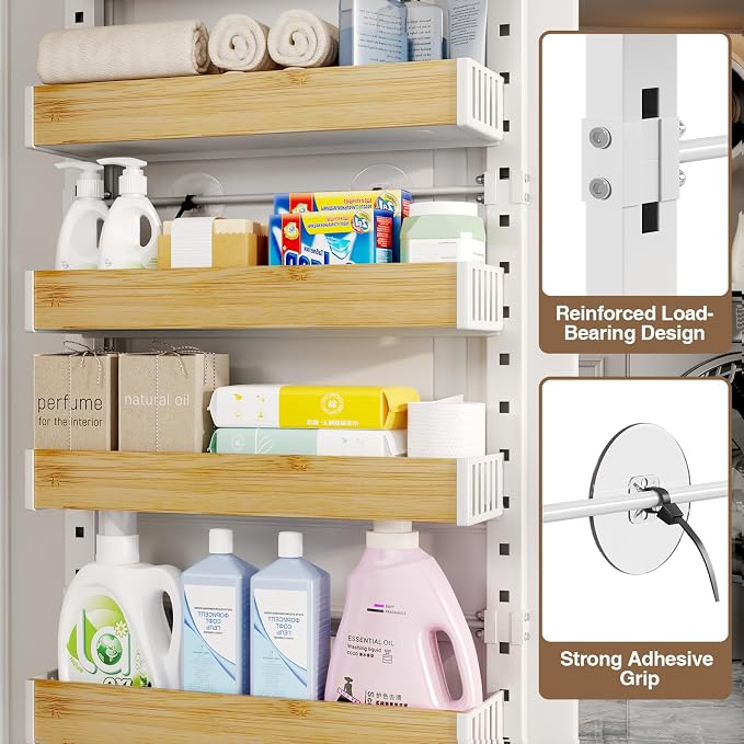 8 Tier Over the Door Pantry Organizer with Adjustable Wooden Baskets, Heavy Duty 2 in 1 Wall Mounted & Hanging Spice Rack for Kitchen, Cabinet and Closet Organization - Image 6