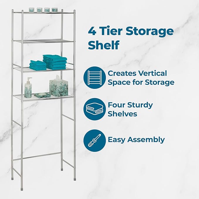 Honey-Can-Do 4-Tier Over-The-Toilet Storage Shelf - Space-Saving Steel Bathroom Restroom Organizer with Neutral Chrome Finish, Ideal for Towels, Toiletries, & Essentials - 24"W x 68"H x 11"D - Image 4