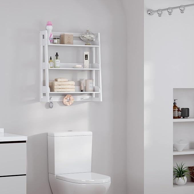 UTEX Bathroom Wall Shelf, 3-Tier Wall-Mounted Organizer with Hooks, White - Image 4