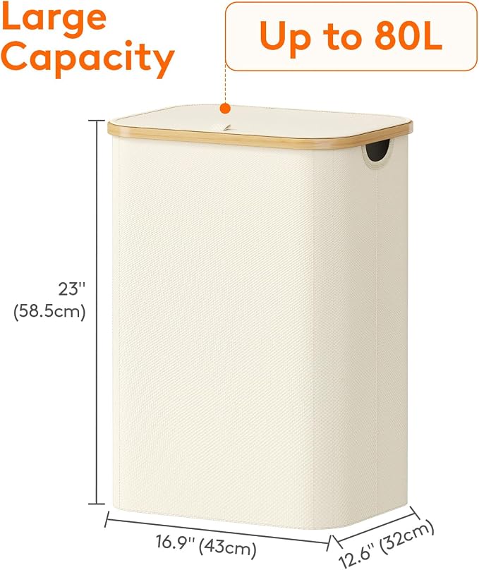 Lifewit 80L Large Laundry Basket with Lid, Removable Bags, White - Image 4