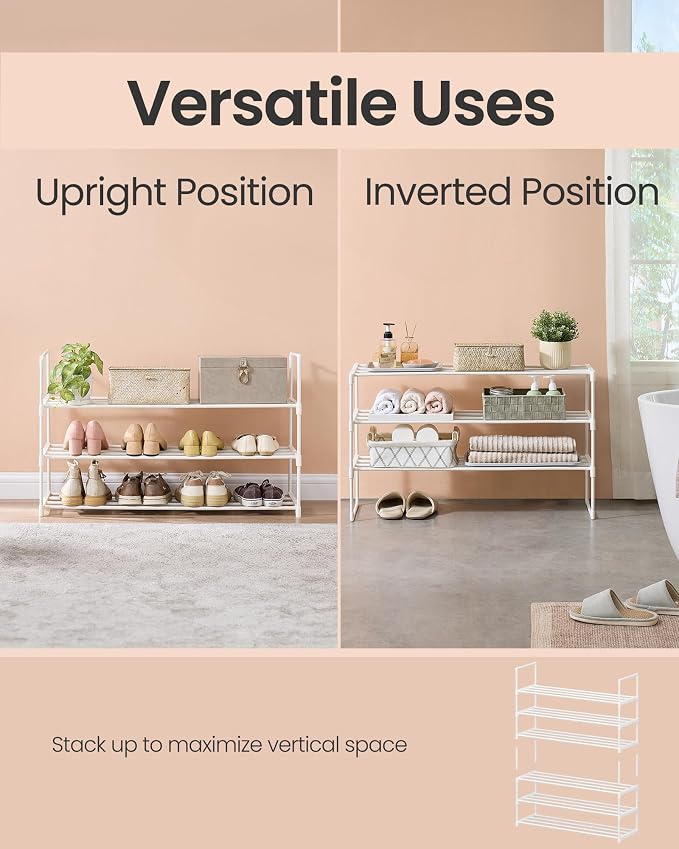 SONGMICS Shoe Rack, 3-Tier Shoe Organizer, Metal Storage Shelf | for Entryway, Upright or Upside Down, for 16-20 Pairs, Stackable, 11.8 x 36.2 x 21.7 Inches, Pearl White ULSA303W03 - Image 4