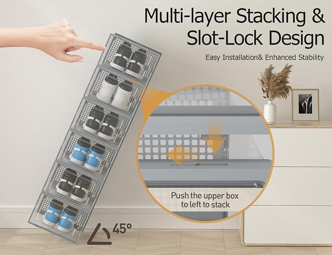 Kuject XX-Large Shoe Storage Boxes 12 Pack, Clear Stackable Shoe Organizer | Shoe Case for Closet, Entryway & Under-Bed Storage, Drop-Front Design, Space-Saving Solution for Family Organization,Grey - Image 4
