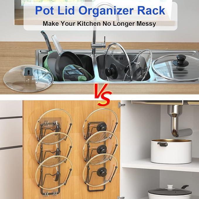 2 Pack Pot Lid Organizer for Cabinet, 2 in 1 Wall Mount & Adhesive Pot Lid Holder Rack for Kitchen Storage 6 Tier Pan Lid Organizer for Easy & Tidy Kitchen Organization - Image 3