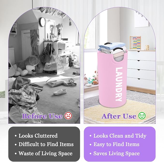 Pink Laundry Basket,Hampers for Laundry with Handle,Foldable Clothes Basket - Image 5