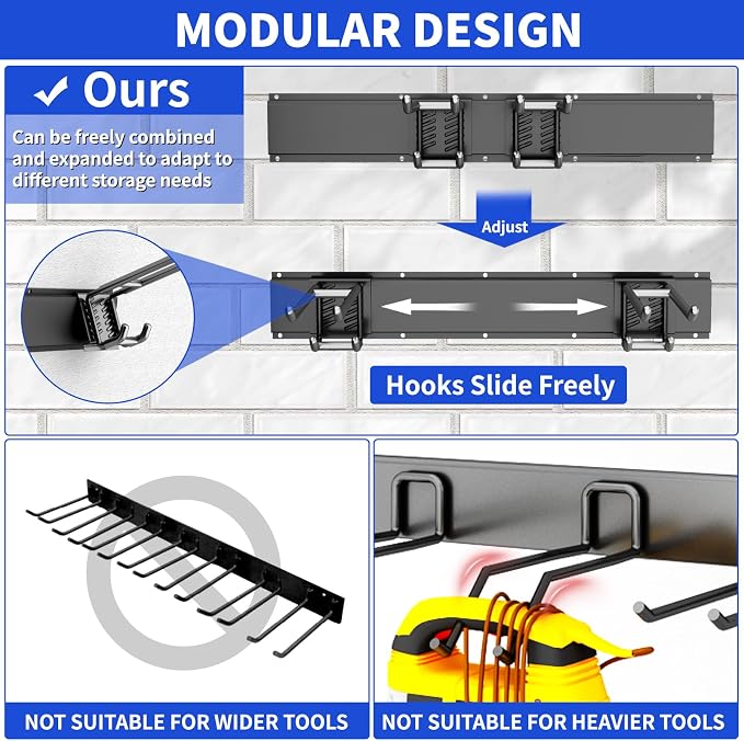 Garage Tool Organizer Wall Mount, 32 Inch Heavy Duty Garden Tool Organizer Storage System, Easy Install with 6 Adjustable Straight Hooks, for Garage, Basement, Shed, Workshop, Black, Steel - Image 2