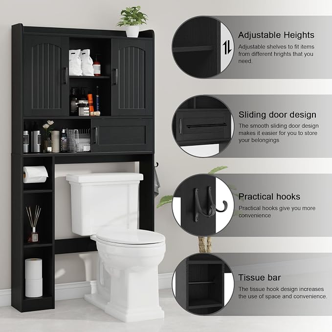 Vabches Over The Toilet Cabinet with 2 Barn Doors & Sliding Door, Black - Image 3