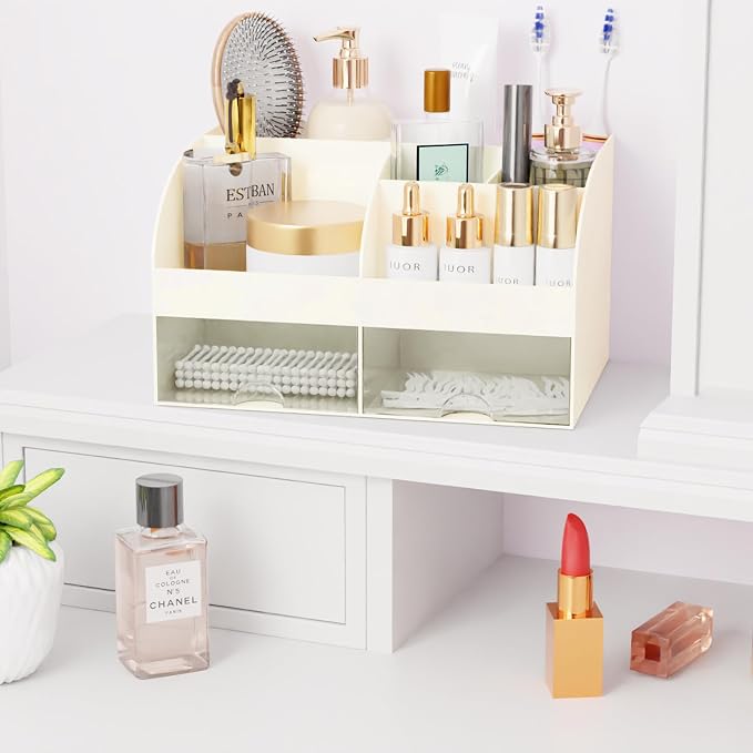 Makeup Organizer with Drawers, Cosmetic Storage for Dresser Vanity and Bathroom Countertop, Beauty Holder for Lipstick Brush, Skincare Organizer for Vanity, Cosmetic Display Case (Ivory) - Image 4