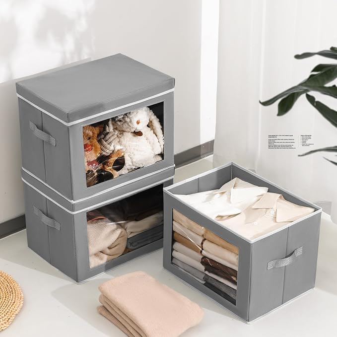 Homsorout Storage Bins with Lids, 3 Pack Large Storage Cubes with Window, Closet Bins with Lids & Handles, Fabric Box for Organizing Clothes, Towels, Books, Grey - Image 4