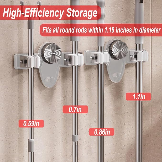 4 Pack Broom Holder Mop Hanger, No Drill Suction Cup Adjustable Organizer with Hooks Broom Hanger Organizer for Bathroom Kitchen Office Utility Room Laundry Home Garden Garage Storage Organizatin Rack - Image 3