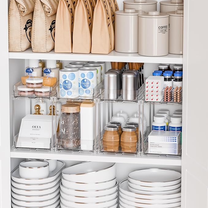 2 Set,2 Tier Pull Out Cabinet Organizer for Supplement and Medication Bottle Organizers,10.4" Deep Pantry Organizers Drawer and Sliding Clear Under Sink Organizer for Bathroom Vanity and Under Counter - Image 8