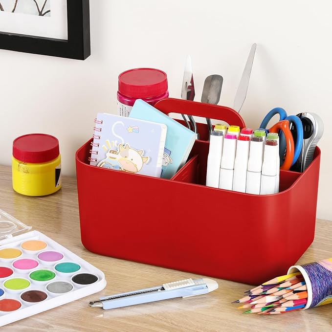 Multiuse Caddy Organizer with Handle, Portable Divided Plastic Tote Bin - Art Craft, Stationary Pen Marker Crayons, Makeup Hair Supplies Storage - Bathroom, Classroom, Dorm, Office, Desk Holder - Red - Image 4