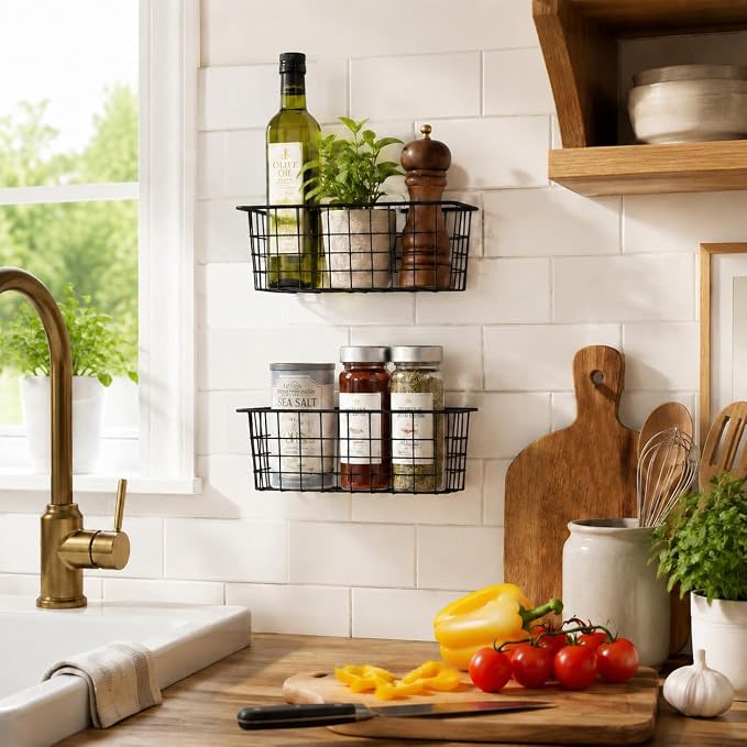 MaraFansie Hanging Kitchen Baskets, 2 Pack Wire Storage Basket Over Cabinet Door Organizer with Adhesive Hooks, No Drilling Pantry & Cabinet Organization for Kitchen Bathroom, Extra 2 Hooks, Black - Image 4
