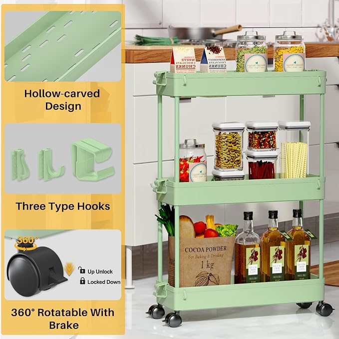 SPACEKEEPER Slim Rolling Storage Cart, 3 Tier Bathroom Cart Organizer,Green - Image 6
