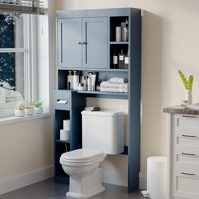 Over The Toilet Storage Cabinet with 7 Shelves, Imitation Walnut Grain Above Toilet Bathroom Organizer with Toilet Paper Holder Stand, Space Saver for Restroom, Laundry, Bathroom (Navy Blue) by Nivisre