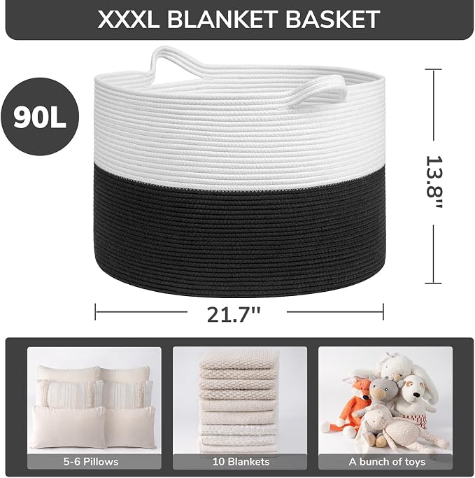 INDRESSME XXXLarge Woven Rope Blanket Basket Living Room White Black, 90L - Image 3