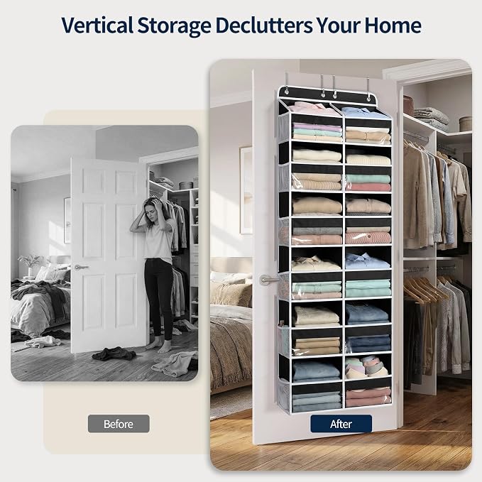 Yecaye 6 Tier Over The Door Organizer, Door Organizer with 12 Compartments | 20" W, Extra Large Behind Door Storage With 12 Side Pockets, 80lbs Heavy Duty, Clear Window, for Closet Bedroom Pantry, Black - Image 7