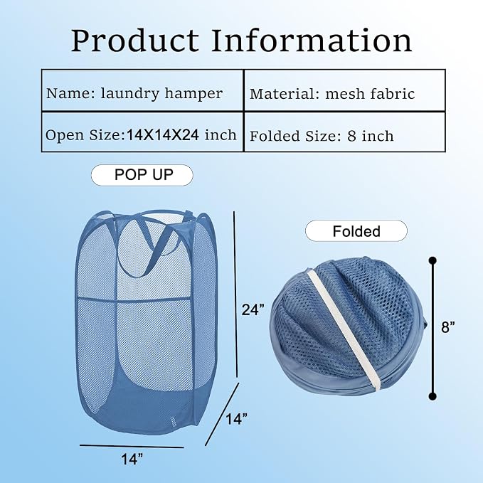 Mesh Pop Up Laundry Hamper for Cruise, Collapsible Laundry Basket Foldable Dirty Clothes Hamper with Handles, Side pocket, Ash Blue - Image 7