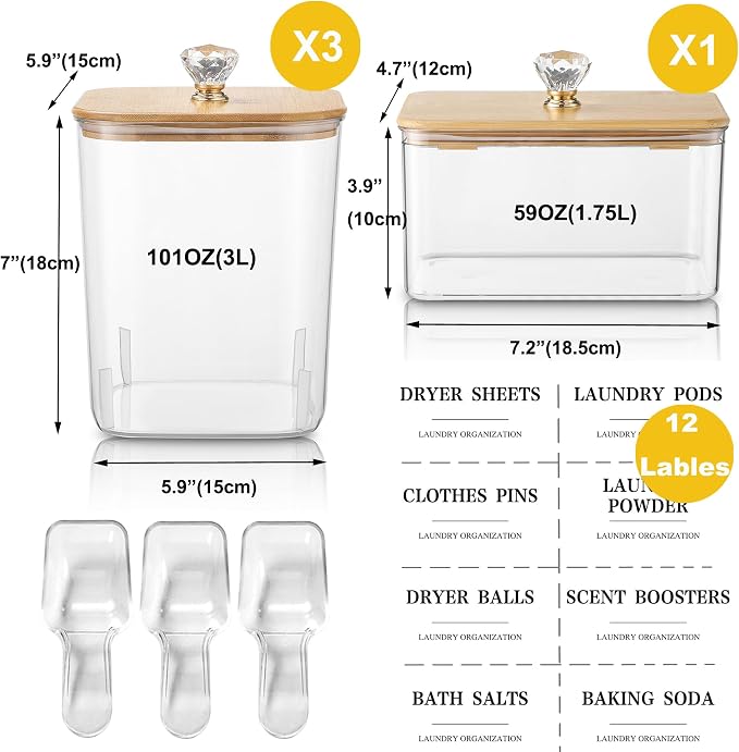 4 Pack Clear Laundry Pods Container & Dryer Sheet Holder Set with Lid, Laundry Containers with Scoops & Labels, Laundry Room Organization and Storage for Laundry Detergent, Pods, Powder, Beads - Image 5