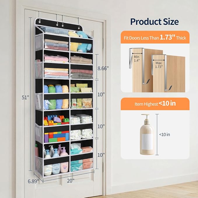 Yecaye 5 Tier Over The Door Organizer, Door Organizer with 10 Compartments | 20" W, Extra Large Behind Door Storage With 10 Side Pockets, 80lbs Heavy Duty, Clear Window, for Closet Bedroom Pantry, Black - Image 2