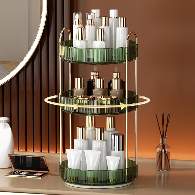 YCIA&DONE 360 Rotating Makeup Organizer and Storage for Vanity Countertop 3 Tiers, High Capacity Cosmetic Skincare Perfume Organizers for Dresser Bathroom Lazy Susan (Vintage Green) - Image 7