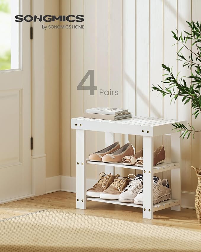 SONGMICS Shoe Rack Bench, 3-Tier Bamboo Entryway Bench, 19.7 Inches Width | Shoe Storage Organizer, Holds Up to 286.6 lb, Cloud White, BAMBOU Collection ULBS001W01 - Image 3