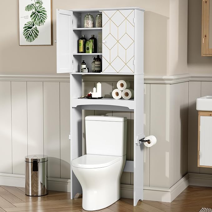 HLR Over The Toilet Storage Cabinet with Gold Trim, Over Toilet Bathroom Organizer with Adjustable Shelves and Toilet Paper Holder, Above Toilet Storage Cabinet Spacesaver for Bathroom(White) by HomeDeservesaRelaxLiving