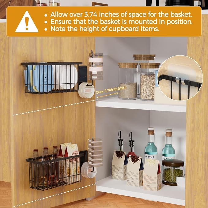 4 Pack Adhesive Cabinet Door Organizer - Tumbler Lid Organizer & Kitchen Storage baskets for Kitchen, Bathroom, Inside Cabinet Door Storage for Cup Lids, Spices, Small Supplies, Space-Saving (Black) - Image 2