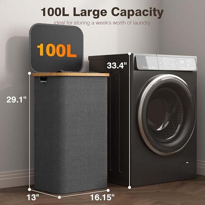 Bathola Laundry Hamper with Lid, Laundry Basket with Removable Bag, Grey - Image 2