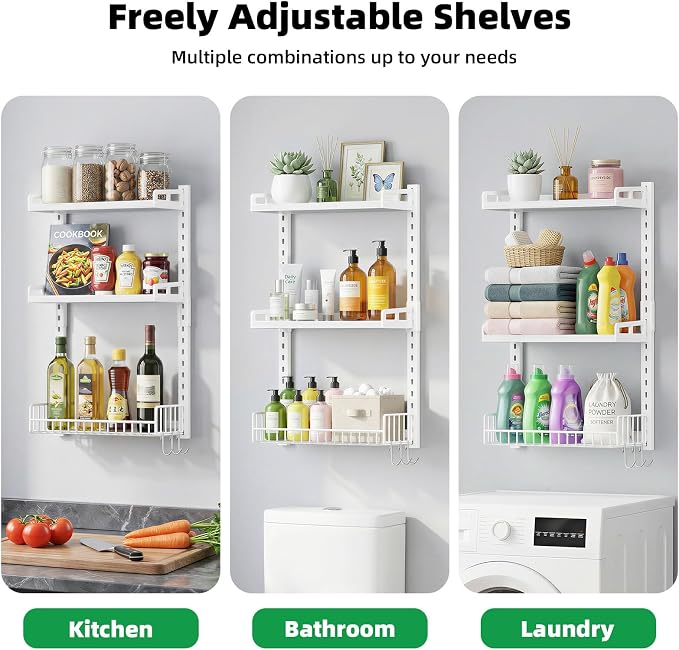 Kalrin 3 Tier Bathroom Shelves Over Toilet - Wall Mounted Floating Shelves with Drain Basket, Toilet Paper Storage, Height Adjustable Over The Toilet Storage, Pure White - Image 7