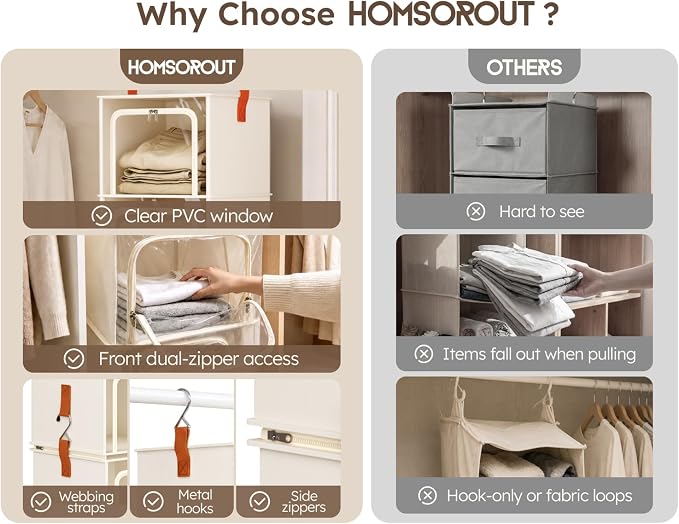 Homsorout 4-Tier Modular Hanging Closet Organizer Shelves, Beige | 40.9" Height, 2+2 Modular Design, Vertical Closet Storage, Clear Window, Easy Access, Walk-in Closet, Bedroom, Dorm, RV - Image 4
