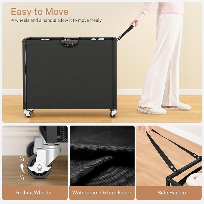 Laundry Sorter, Rolling Laundry Hamper with 3 Section Pull-Out Bags, Laundry Basket Organizer with 2 Drawers & 2-Tone Top Panel, Laundry Hamper with Wheels for Laundry Room Organization, Bathroom - Image 5