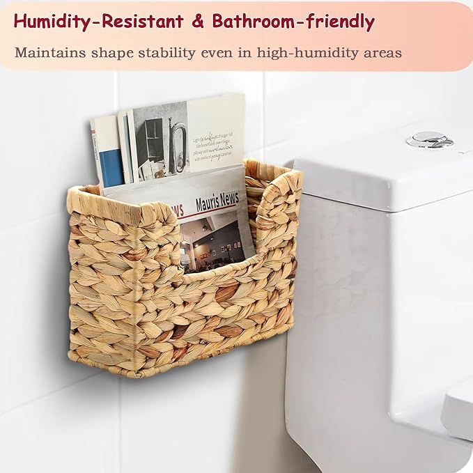 Hanging Magazine Basket, Woven Wall Magazine Holder Organizer with Handle for Mail, Files, Books - Water Hyacinth Farmhouse Storage Rack for Bathroom, Kitchen, Office - Image 6