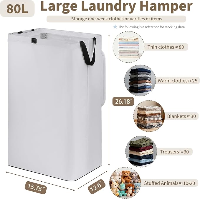 80L Large Laundry Hamper with Lid, Foldable Laundry Bag for Washing Machine with Removable Inner Bag, Dirty Hampers for Bedroom, Bathroom,Laundry Room, College (White) - Image 4