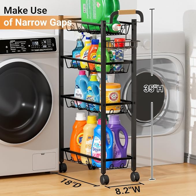 AOODA 4 Tier Laundry Room Cart with Top Detergent Holder, Pure Black - Image 2