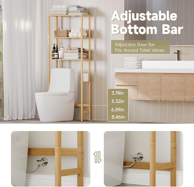 Over The Toilet Storage,3-Tier Bamboo Bathroom Shelf with Paper Holder - Image 5