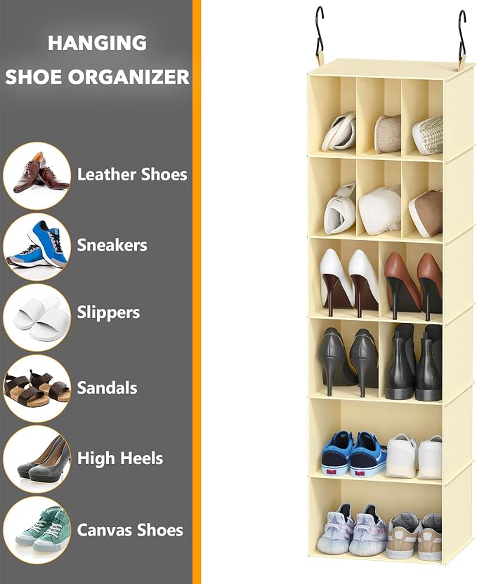 SpaceAid 2 Pack Hanging Closet Organizer and Storage with Dividers, 24 Compartments Hanging Shoe Shelves for Closet, Wardrobe, RV, Garment Rack - Beige - Image 6