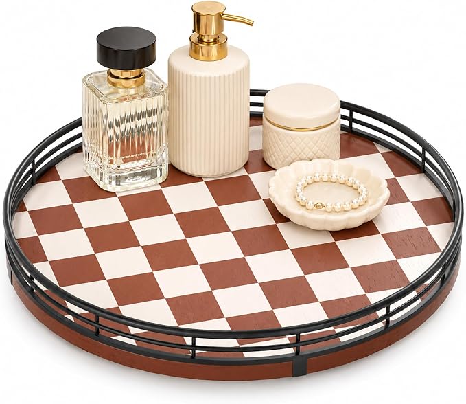 AMH 10-Inch Brown Checkerboard Lazy Susan Organizer with Black Metal Rail by AMH