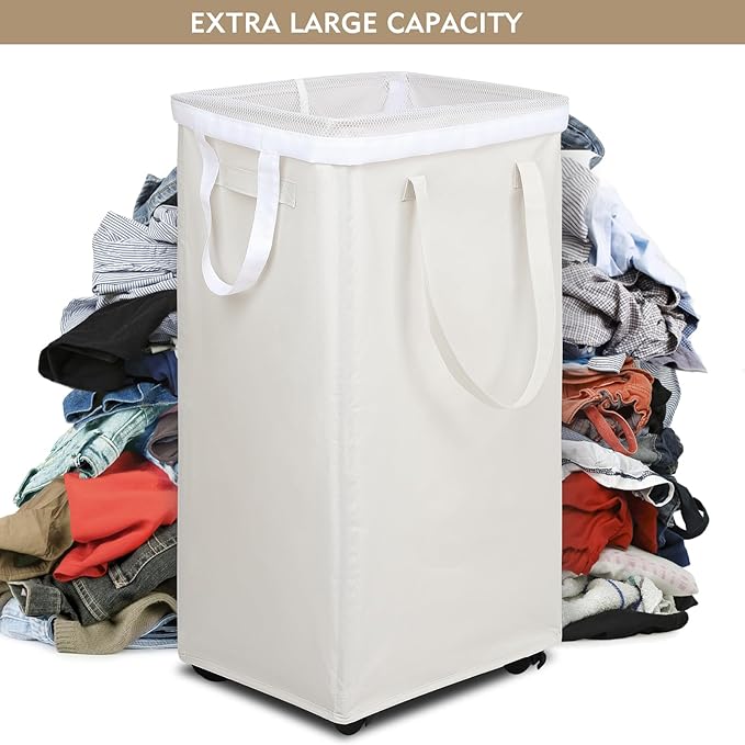 DOKEHOM 90L X-Large Rolling Laundry Basket Hamper on Wheels, Beige - Image 5