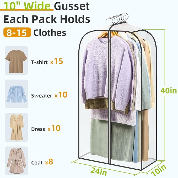 LANDNEOO 6 Pack Clear Garment Bags for Hanging Clothes with Zippers on Double Sides - 10'' Clothes Storage for Coat, Dress, and Fur in Closet - 40'' Long Suit Bags - Image 2